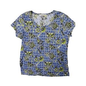 Women's Peruvian Connection Pima Cotton Top T-shirt Blue Green Floral Size Large